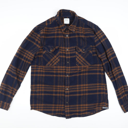 Burton Menswear London Men's Blue Brown Checked Flannel Shirt L