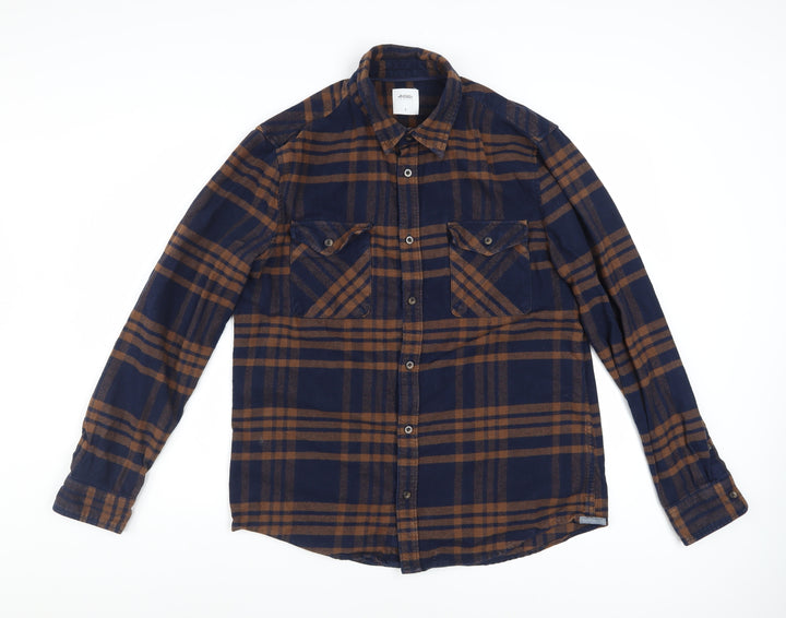 Burton Menswear London Men's Blue Brown Checked Flannel Shirt L