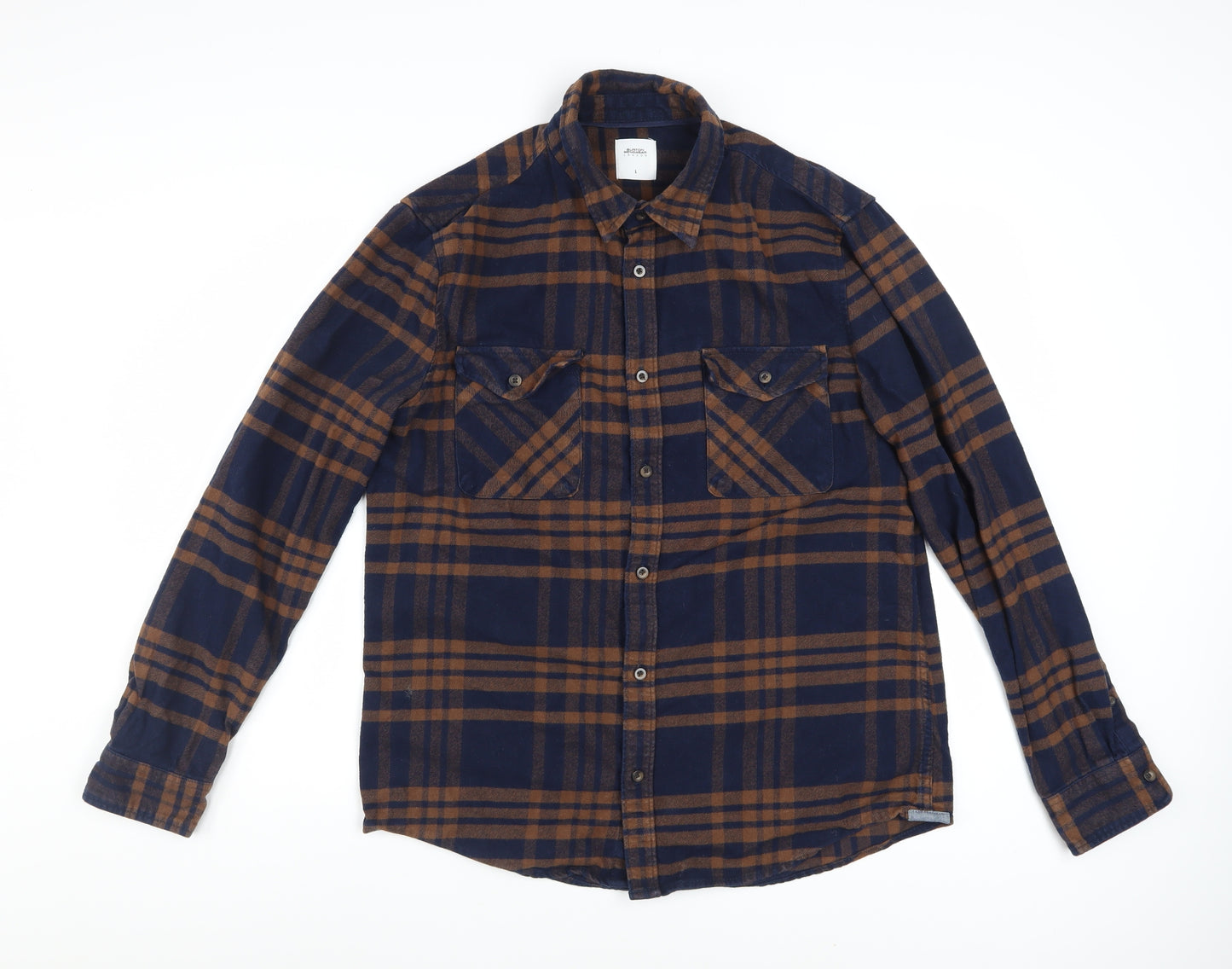 Burton Menswear London Men's Blue Brown Checked Flannel Shirt L