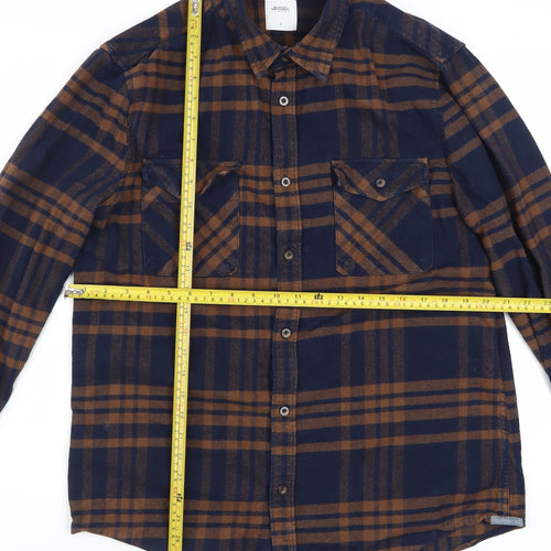 Burton Menswear London Men's Blue Brown Checked Flannel Shirt L