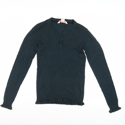 Mauvette Women Black V-Neck Long Sleeve Ruffle Knit Jumper Size 8