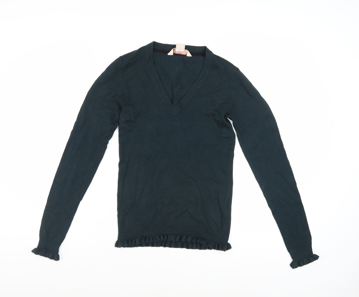 Mauvette Women Black V-Neck Long Sleeve Ruffle Knit Jumper Size 8