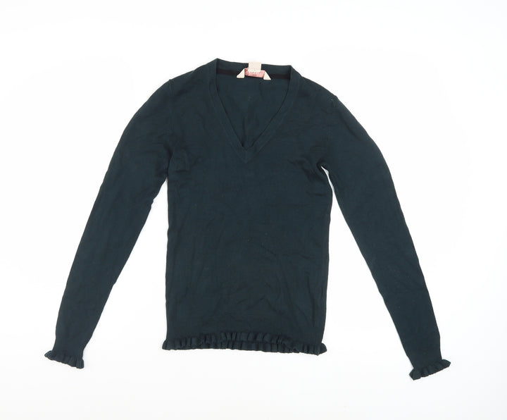Mauvette Women Black V-Neck Long Sleeve Ruffle Knit Jumper Size 8