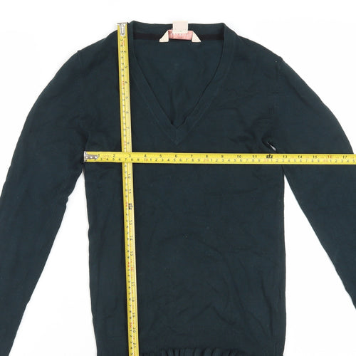 Mauvette Women Black V-Neck Long Sleeve Ruffle Knit Jumper Size 8