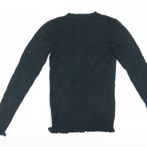 Mauvette Women Black V-Neck Long Sleeve Ruffle Knit Jumper Size 8