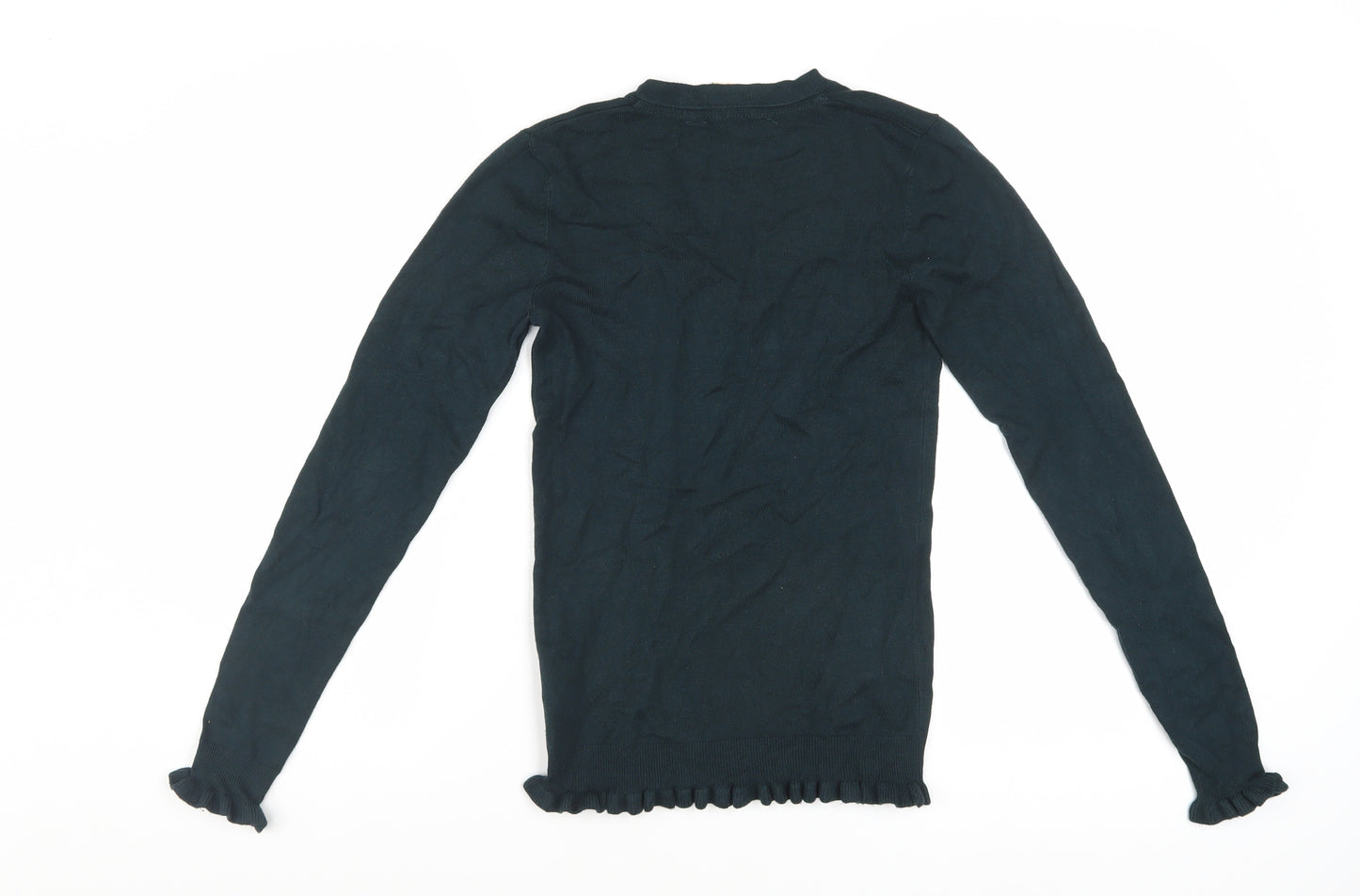 Mauvette Women Black V-Neck Long Sleeve Ruffle Knit Jumper Size 8