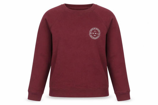 Front view of Jack Wills women’s burgundy crew neck sweatshirt, size UK 8, cotton blend