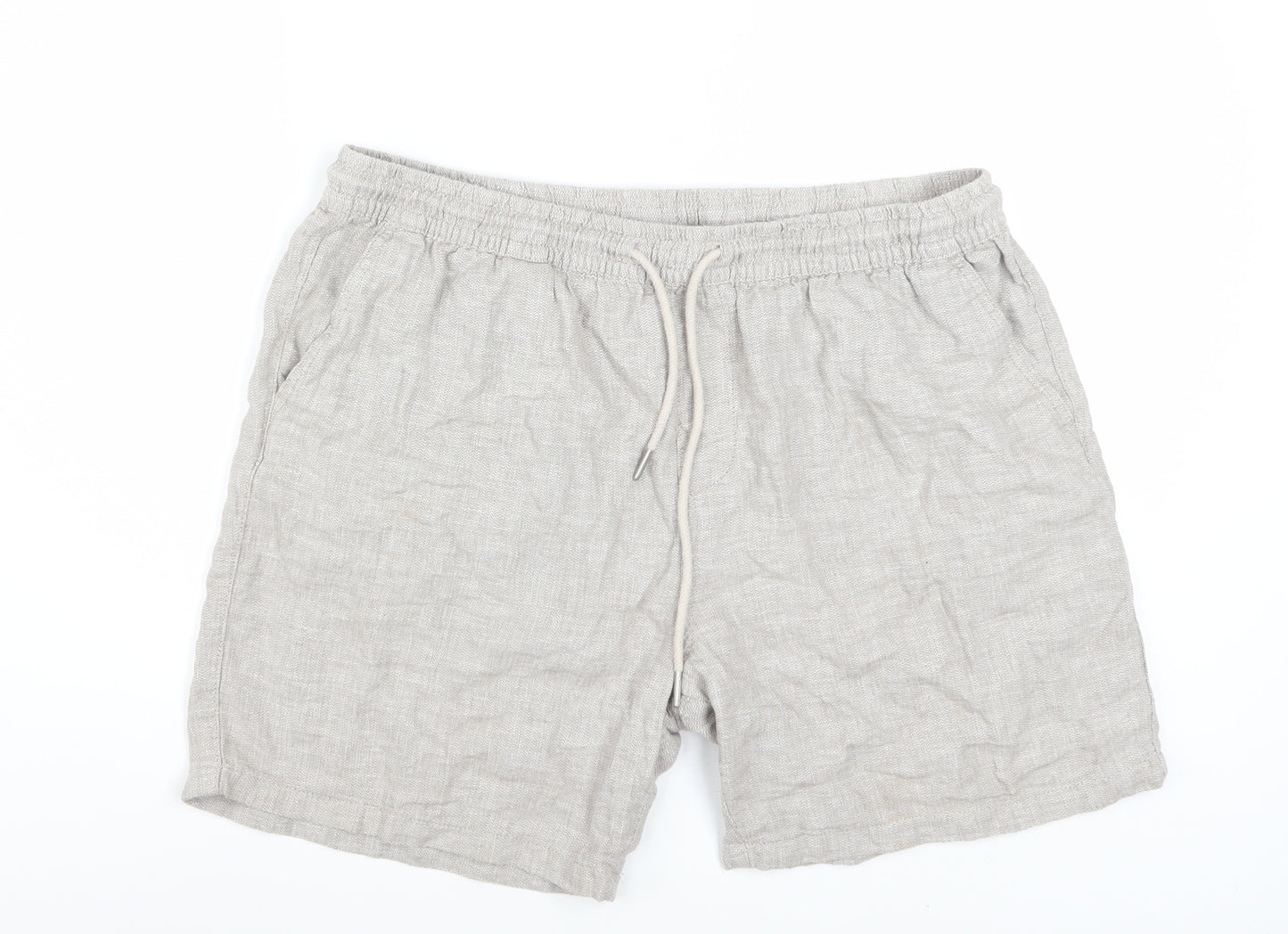 Next Men's Beige Linen Cotton Chino Shorts L Casual Drawstring