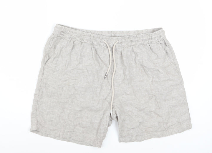 Next Men's Beige Linen Cotton Chino Shorts L Casual Drawstring