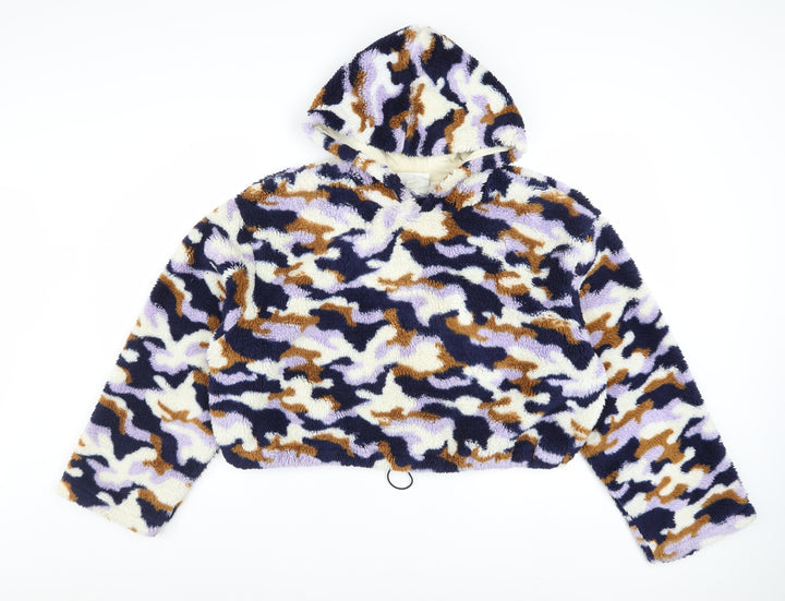 Monki Womens Multicoloured Camouflage Fleece Pullover Hoodie L