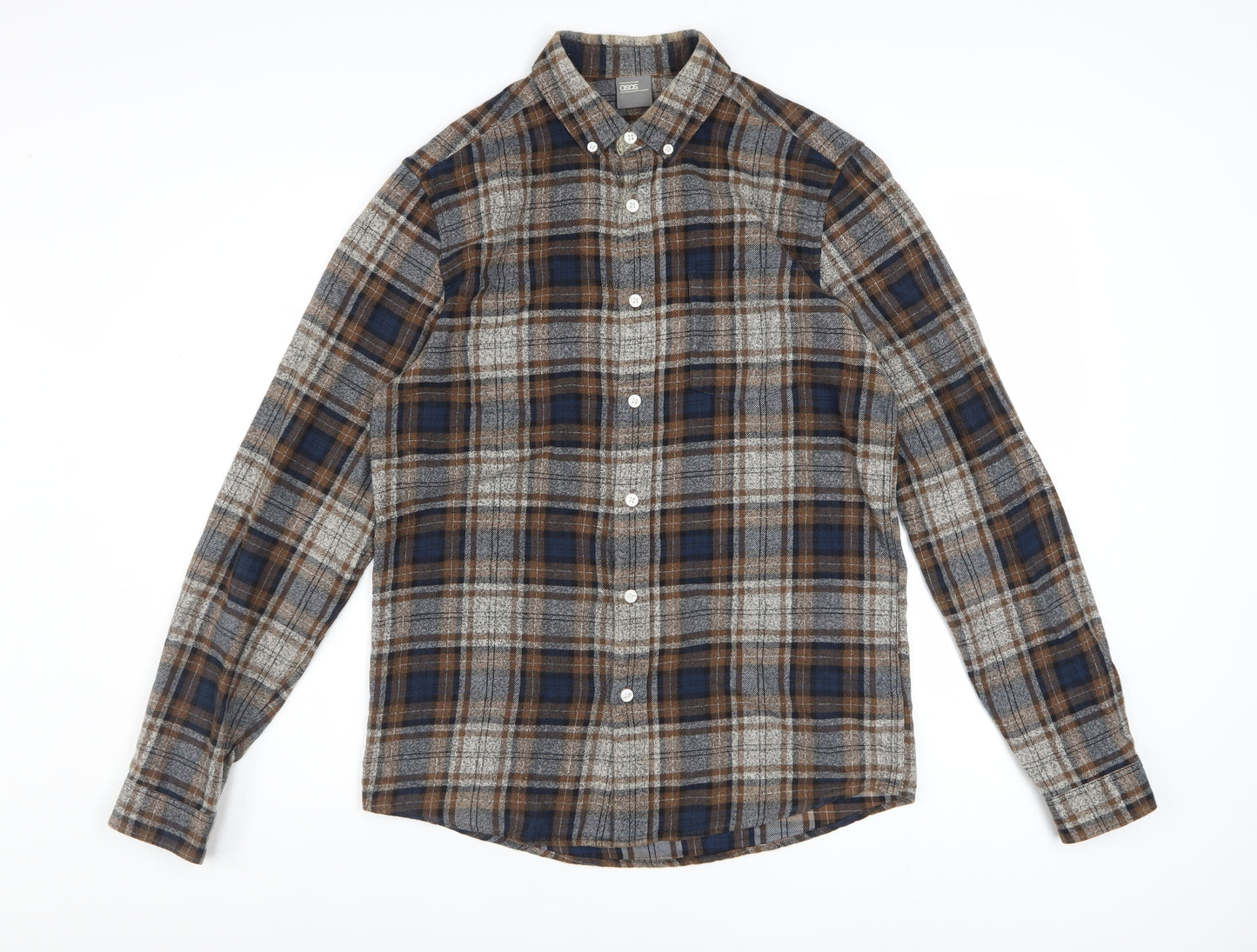ASOS Men's Brown Check Flannel Long Sleeve Button-Up Shirt Size S