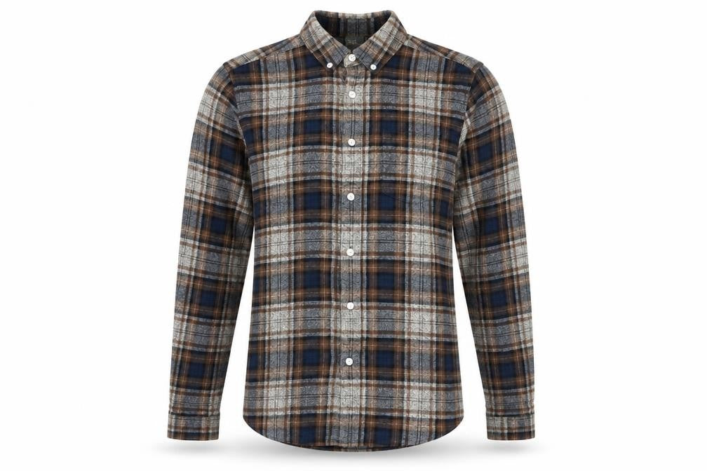 Front view of ASOS Men's Brown Check Flannel Long Sleeve Button-Up Shirt, size S