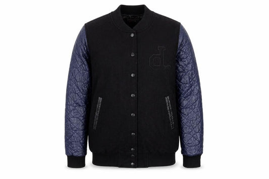 Front view of Diamond Supply Co. Men's Black Varsity Jacket, size S, Quilted Sleeves