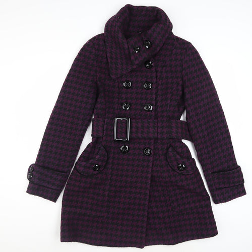 Miss Sixty Womens Purple Houndstooth Belted Wool Blend Pea Coat M