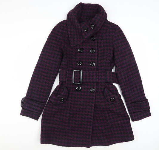 Miss Sixty Womens Purple Houndstooth Belted Wool Blend Pea Coat M