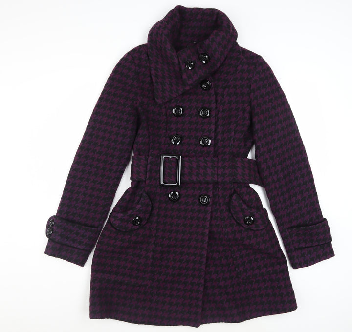 Miss Sixty Womens Purple Houndstooth Belted Wool Blend Pea Coat M