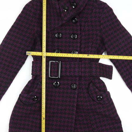 Miss Sixty Womens Purple Houndstooth Belted Wool Blend Pea Coat M
