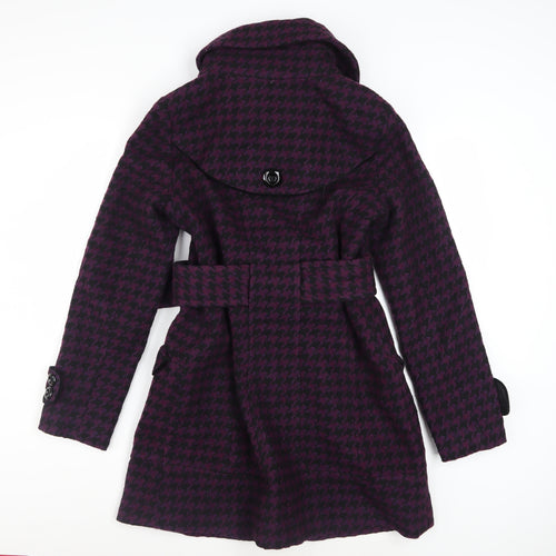 Miss Sixty Womens Purple Houndstooth Belted Wool Blend Pea Coat M