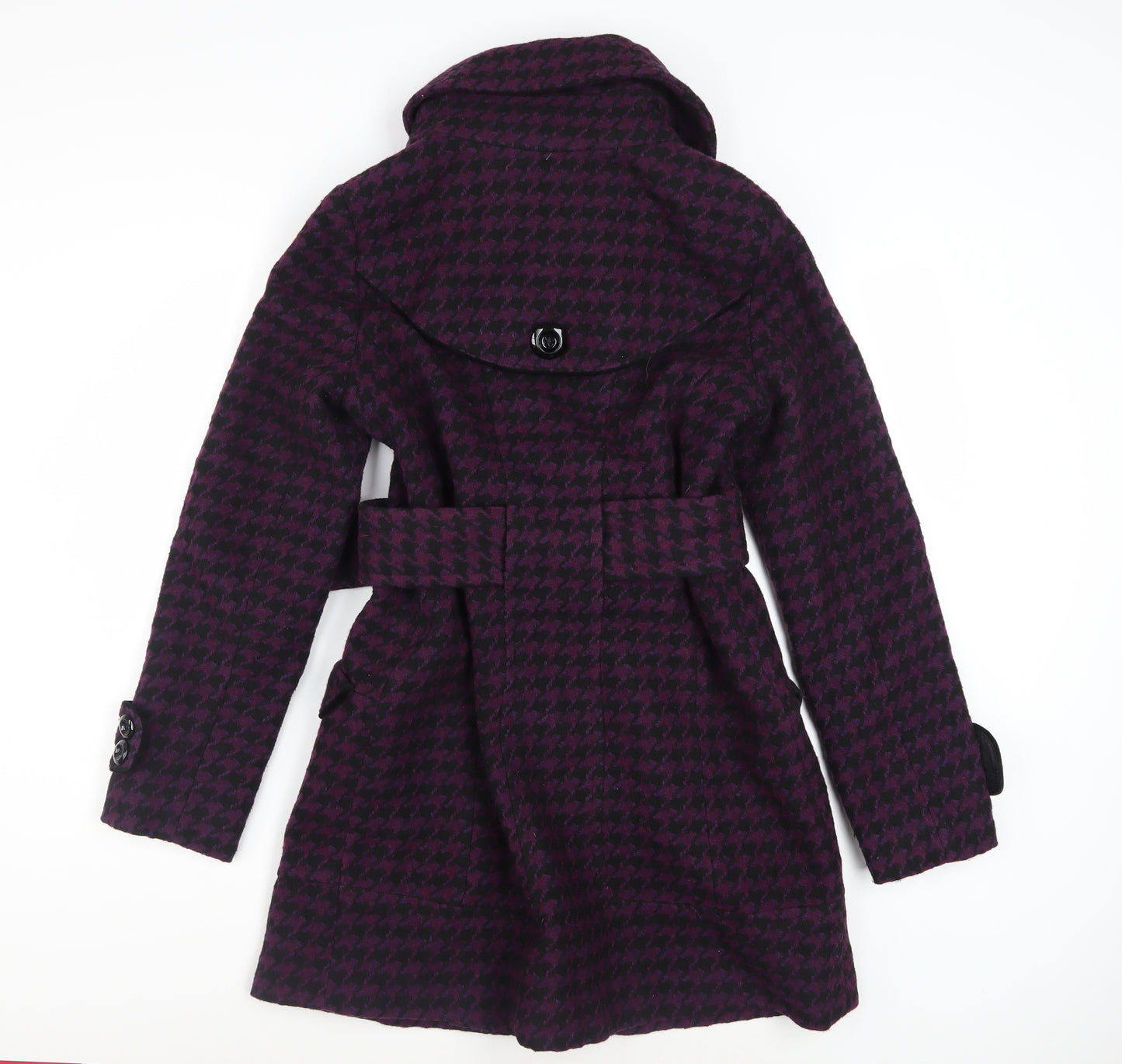 Miss Sixty Womens Purple Houndstooth Belted Wool Blend Pea Coat M
