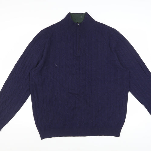Charles Tyrwhitt Men's Blue Lambswool Cable Knit 1/2 Zip Jumper L