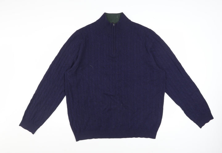 Charles Tyrwhitt Men's Blue Lambswool Cable Knit 1/2 Zip Jumper L