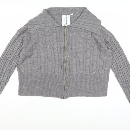 Collusion Women's Grey Cable-Knit Full Zip Collared Jumper UK 22