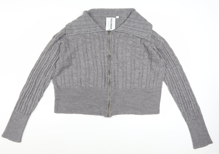 Collusion Women's Grey Cable-Knit Full Zip Collared Jumper UK 22