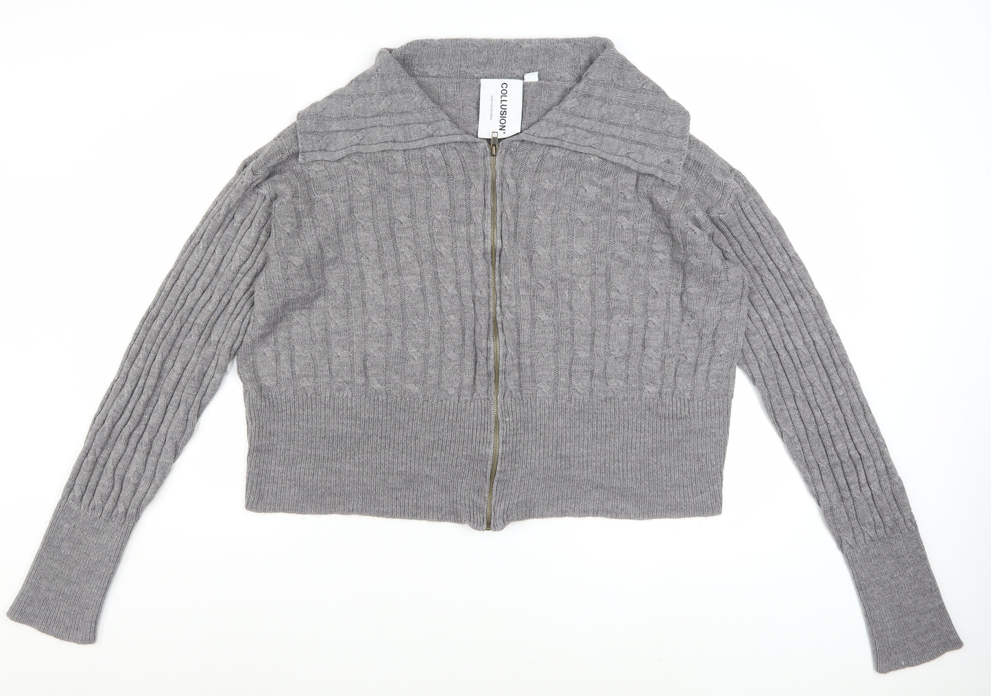 Collusion Women's Grey Cable-Knit Full Zip Collared Jumper UK 22