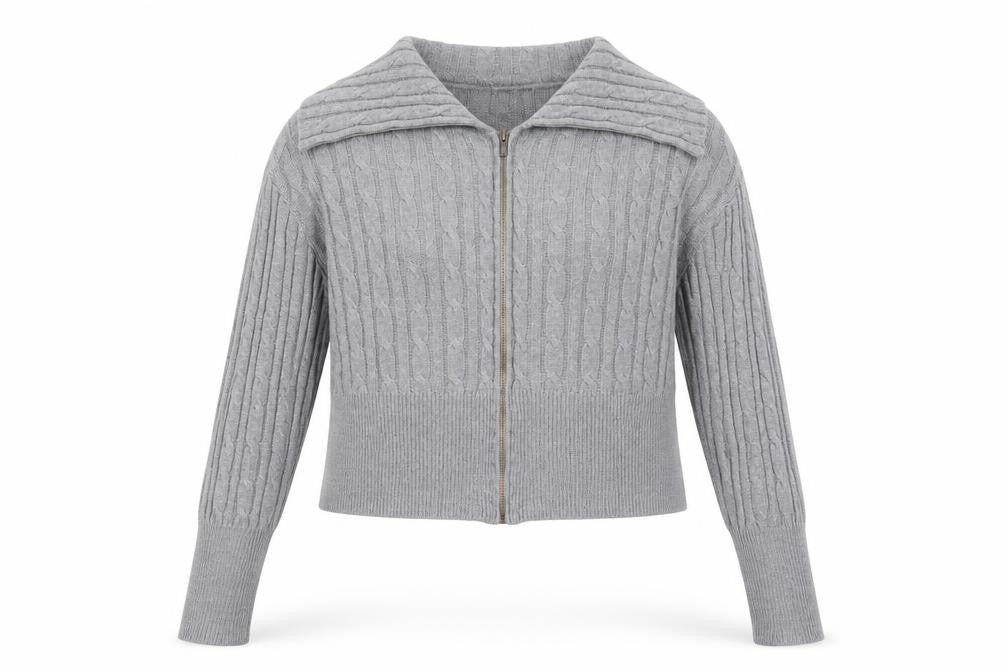 Front view of Collusion Women's Grey Cable-Knit Full Zip Collared Jumper UK 22