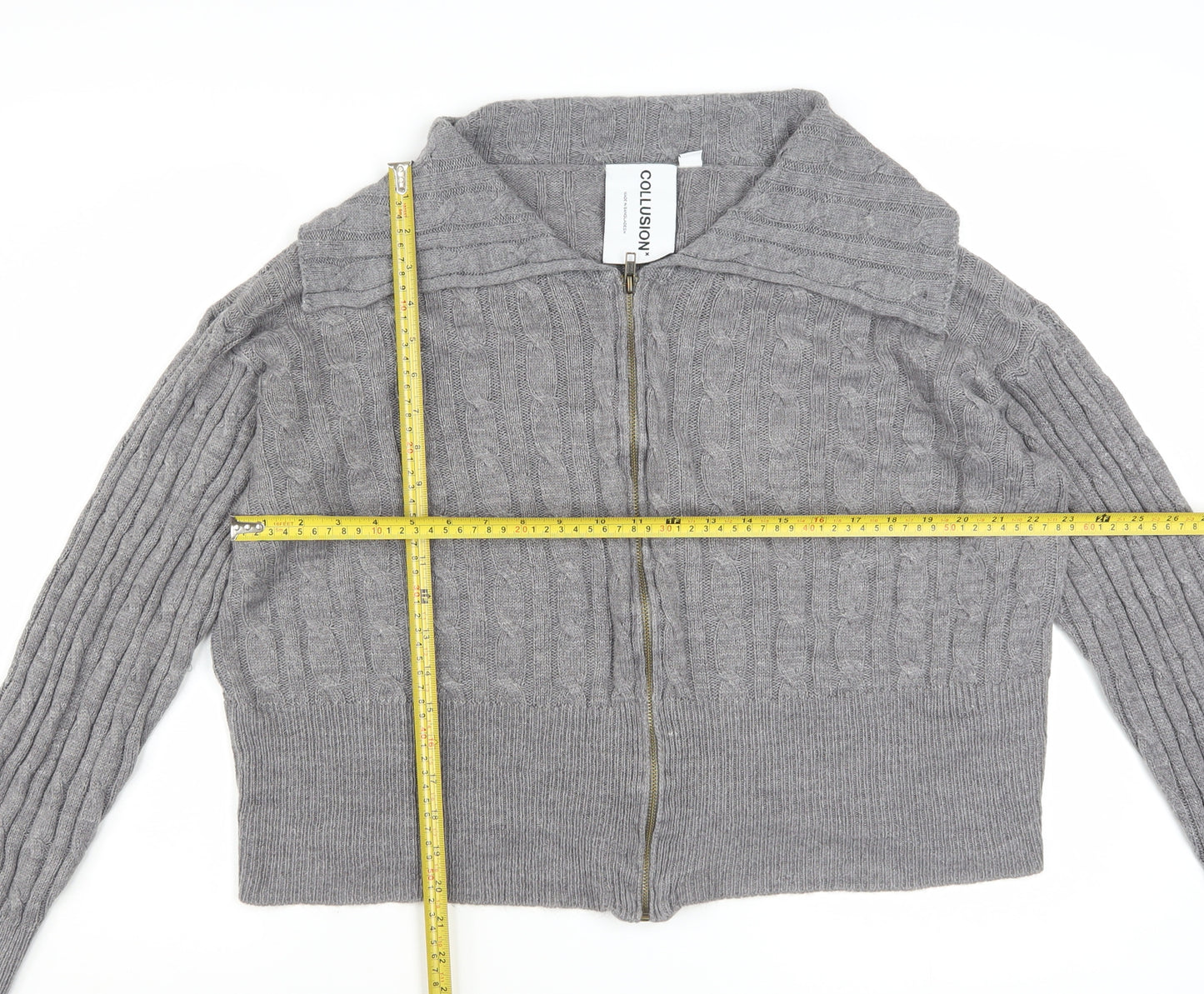 Collusion Women's Grey Cable-Knit Full Zip Collared Jumper UK 22