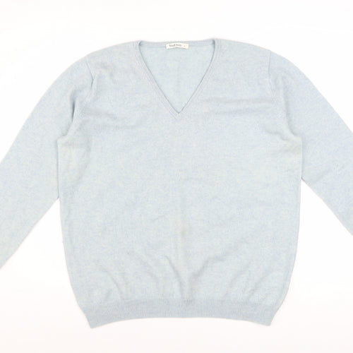 WoolOvers Women Blue L V-Neck Merino Cashmere Knit Jumper