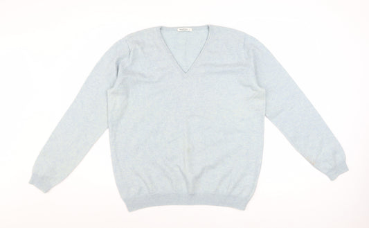 WoolOvers Women Blue L V-Neck Merino Cashmere Knit Jumper
