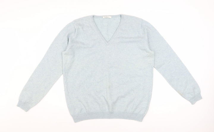 WoolOvers Women Blue L V-Neck Merino Cashmere Knit Jumper