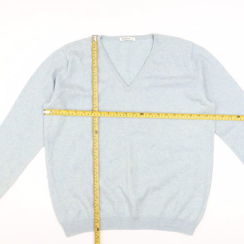 WoolOvers Women Blue L V-Neck Merino Cashmere Knit Jumper