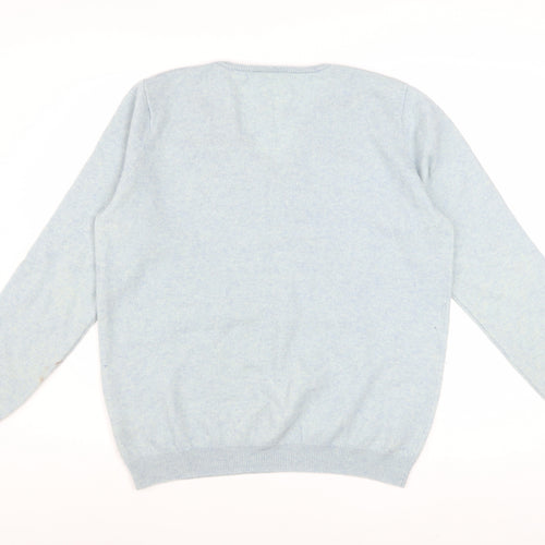 WoolOvers Women Blue L V-Neck Merino Cashmere Knit Jumper