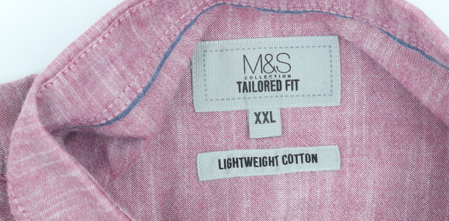 Marks and Spencer Men's Pink 2XL Tailored Fit Short Sleeve Cotton Shirt