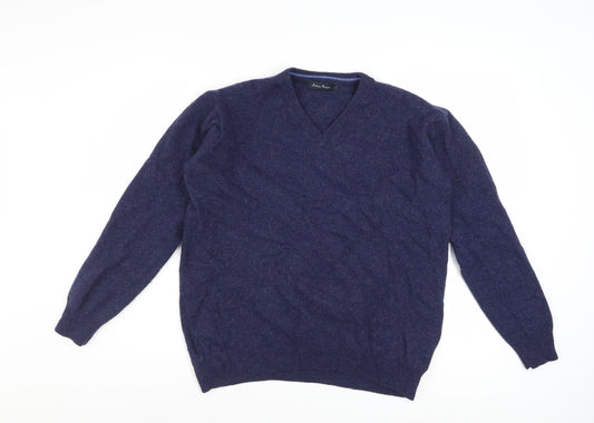James Pringle Men's Blue Wool V-Neck Jumper Size L Classic Knit