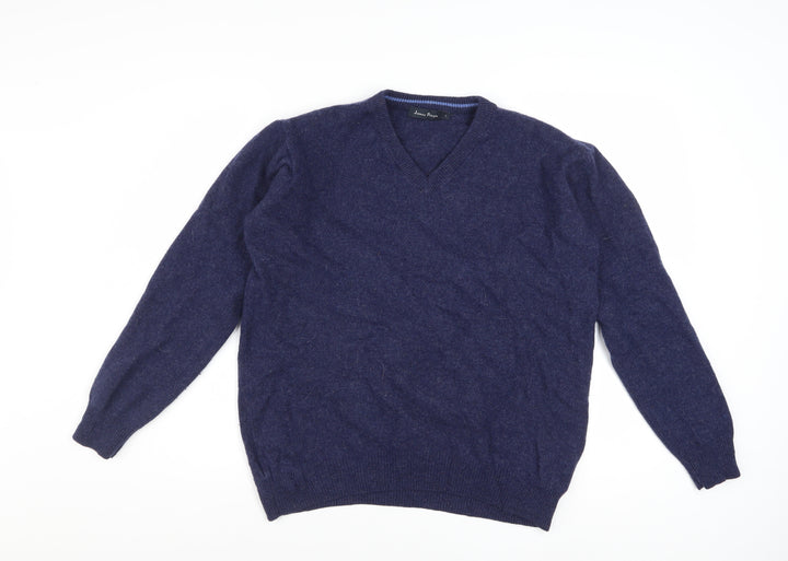 James Pringle Men's Blue Wool V-Neck Jumper Size L Classic Knit