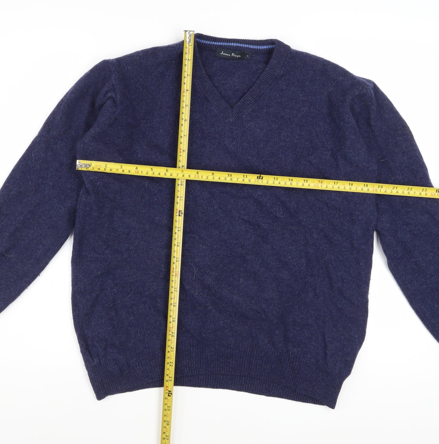 James Pringle Men's Blue Wool V-Neck Jumper Size L Classic Knit