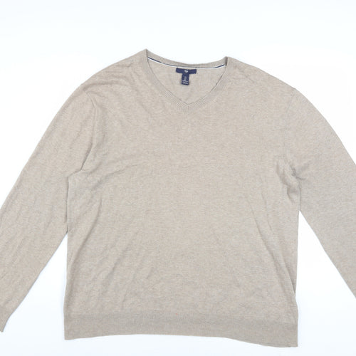 Gap Men’s Beige Cotton V-Neck Jumper Size L Classic Knit