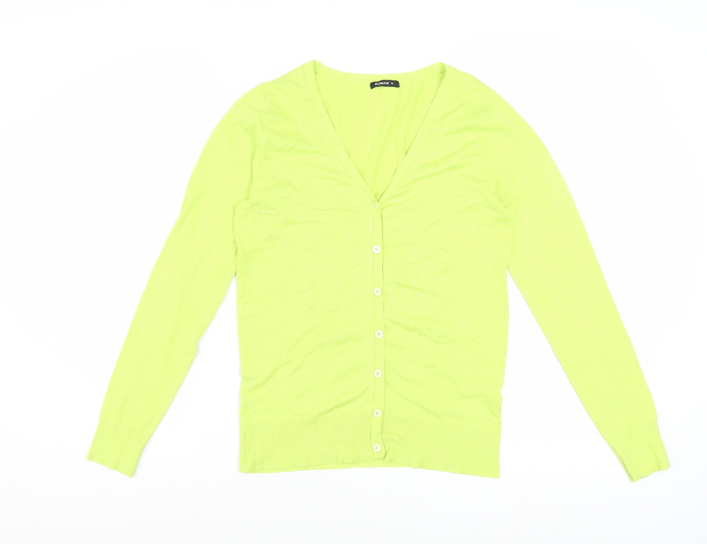 Roman Women Green V-Neck Button Cardigan Size 10