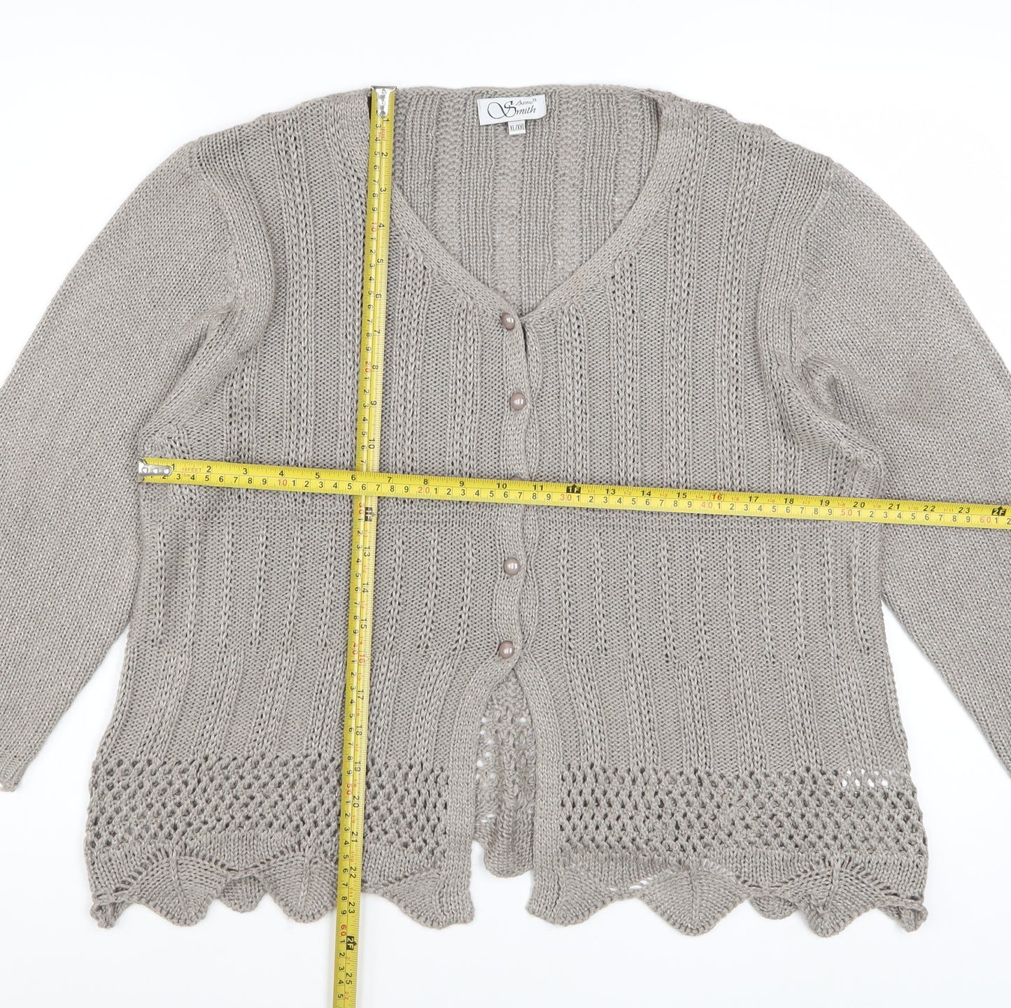 Anne Smith Women’s Beige Crochet Knit Cardigan XL V-Neck