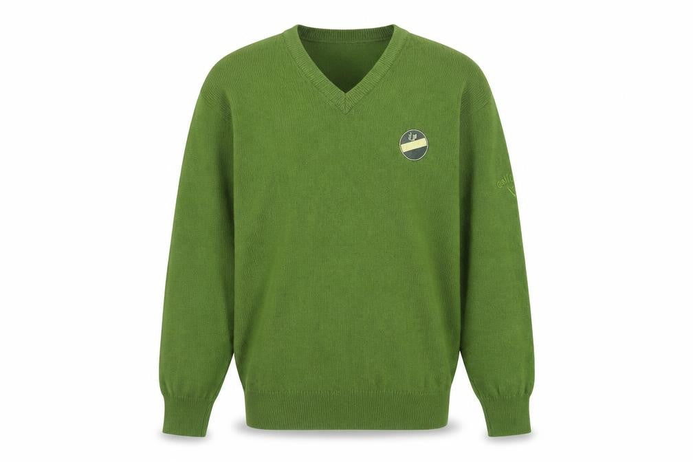 Front view of Callaway Men's Green Wool V-Neck Golf Jumper, size S
