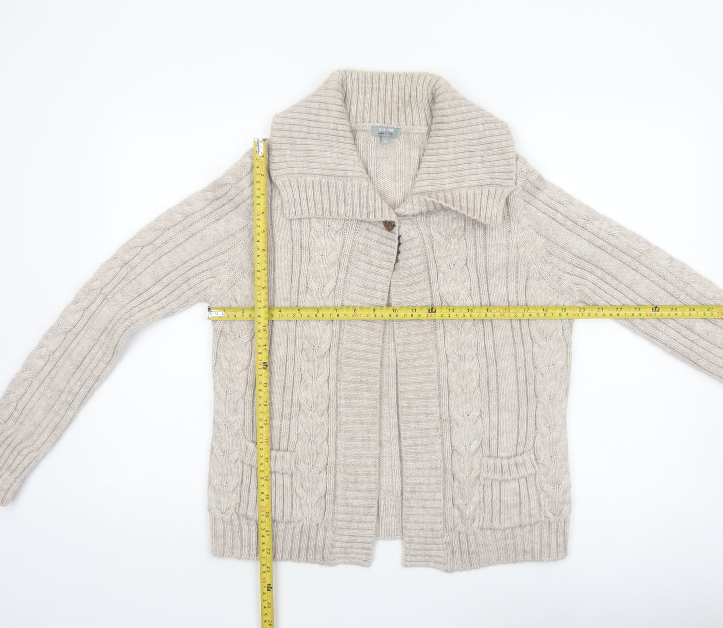 Marks and Spencer Per Una Women's Beige Cable Knit Collared Cardigan M