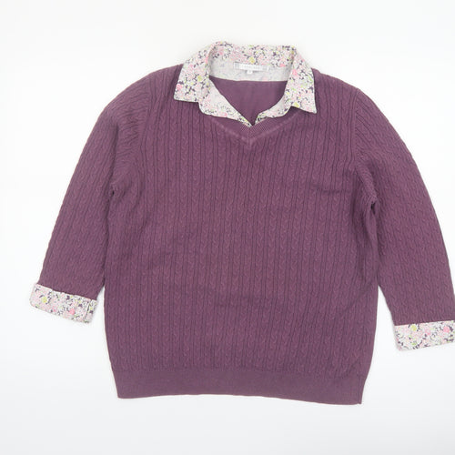 Lakeland Women Purple Cable-Knit Cotton Jumper Size 14 V-Neck