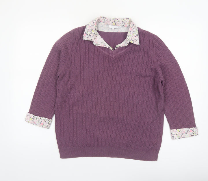 Lakeland Women Purple Cable-Knit Cotton Jumper Size 14 V-Neck