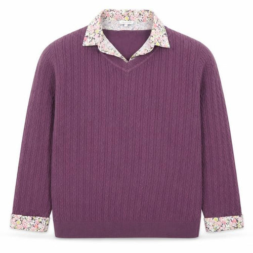 Lakeland Women Purple Cable-Knit Cotton Jumper Size 14 V-Neck