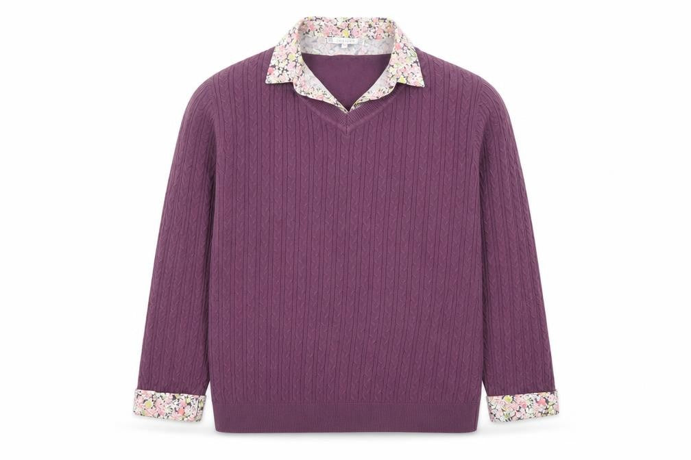 Lakeland Women Purple Cable-Knit Cotton Jumper Size 14 V-Neck