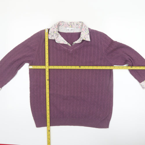 Lakeland Women Purple Cable-Knit Cotton Jumper Size 14 V-Neck
