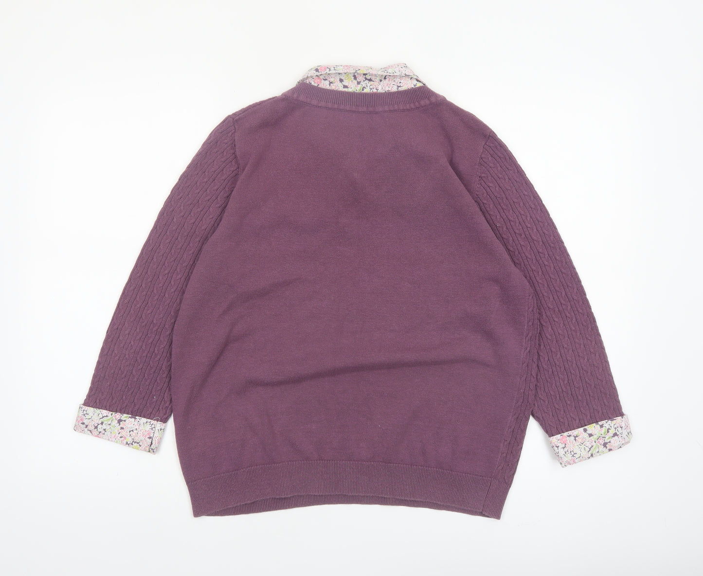 Lakeland Women Purple Cable-Knit Cotton Jumper Size 14 V-Neck